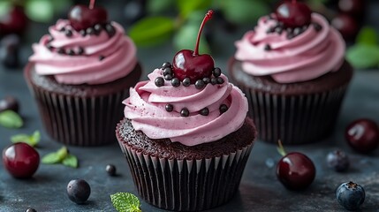 A clip art of a pink cupcake with sprinkles and a cherry on top on a white background