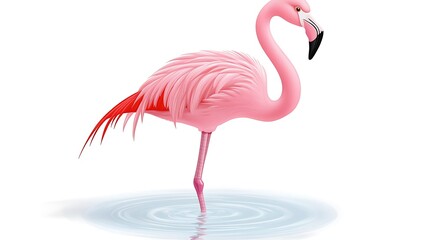 A clip art of a pink flamingo standing in water on a white background