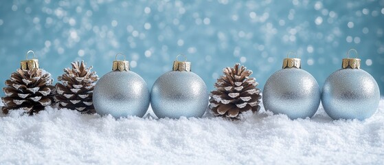 Silver baubles with frosted pinecones arranged on a frosty white surface selective focus frosty elegance theme ethereal manipulation snowcovered garden backdrop