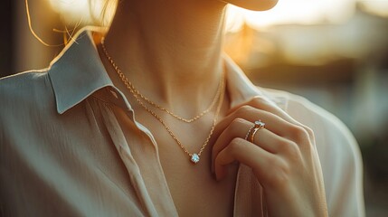 Woman Wearing Delicate Gold Necklaces And Ring