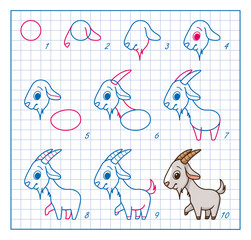 How to Draw goat, Step by Step Lesson for Kids cartoon vector illustration