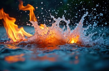 Fiery orange flames clash with dynamic water splashes. Dramatic interaction of elements creates abstract visual. Water absorbs heat. Fluid motion, energy highlighted. Orange, blue colors contrast