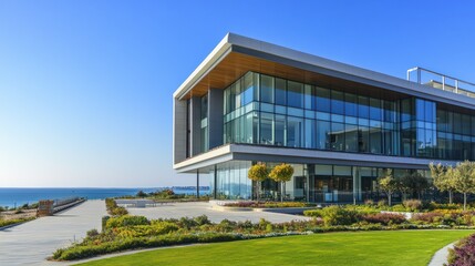 Tall elegant office buildings on the coastal promenade offering stunning sea views background wallpaper AI generated image