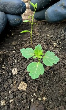 A person in blue gloves gently tends to a small green plant emerging from dark soil, indicating care and nurturing in gardening.
