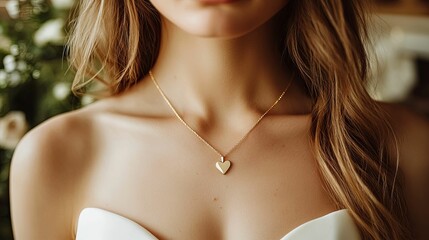 Woman Wearing Delicate Gold Heart Necklace