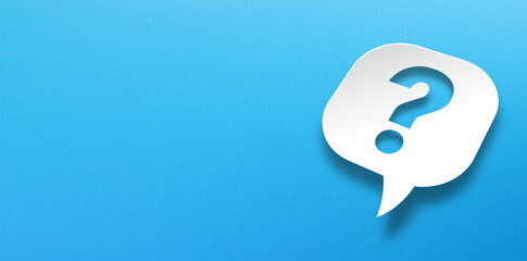 Question mark with speech bubble on blue background