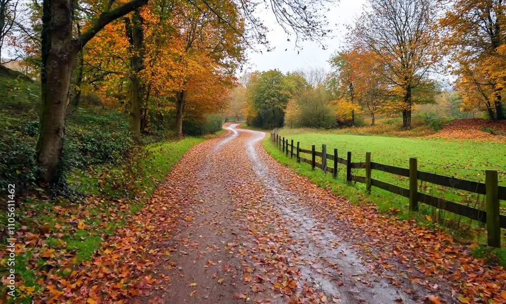 Poster autumn pathway covered in leaves in serene countryside setting : generative ai