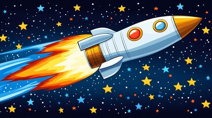 A clip art of a rocket ship flying through space surrounded by stars on a white background