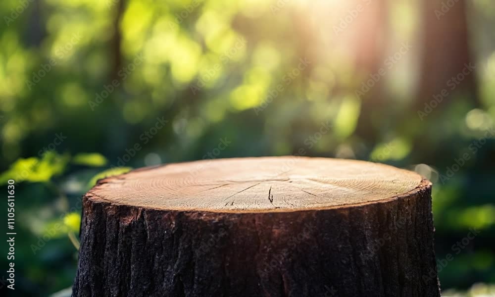 Poster sunlit tree stump in a lush green forest illuminated by soft morning light : generative ai