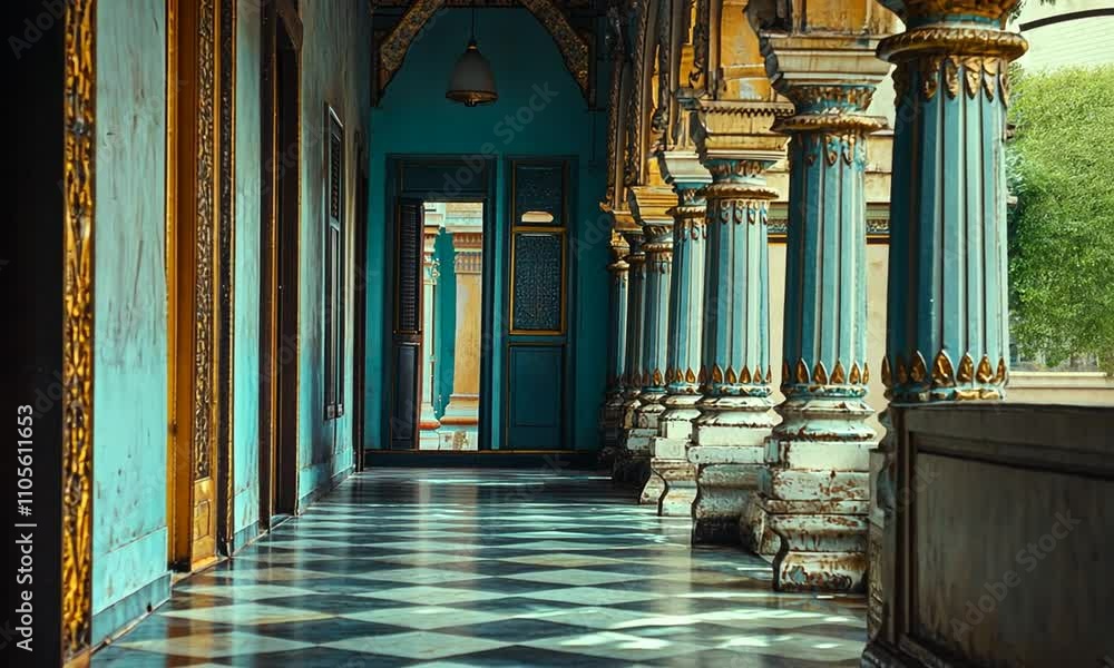 Poster intricate architectural details of historical columns in a vintage blue corridor with ornate designs