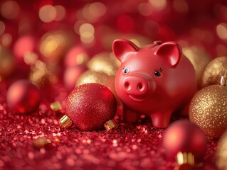 Cash, a piggy bank, and golden ornaments scattered on a bright red background selective focus holiday savings theme whimsical manipulation cozy financial planning office backdrop