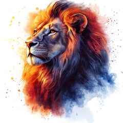 Majestic Lion Portrait in Vibrant Watercolor Style.