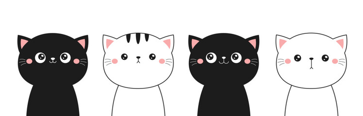 Black white cat head face line contour silhouette icon set. Cute cartoon funny character. Pet collection. Pink blush cheeks. Funny kawaii smiling sad doodle animal. Flat design Baby background. Vcetor