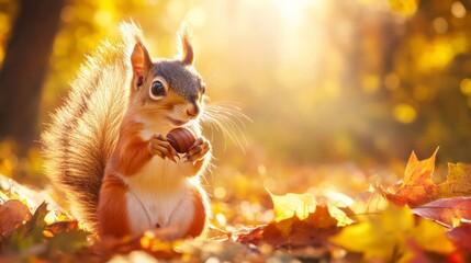 Squirrel collecting acorns in autumn forest nature photography warm light wildlife close-up view seasonal behavior