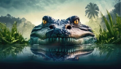 Fototapeta premium A crocodile partially submerged in water, gazing directly at the viewer in a jungle environment.