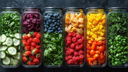 A vibrant display of fresh vegetables and fruits arranged in jars, showcasing a variety of colors and textures. Perfect for healthy meals.