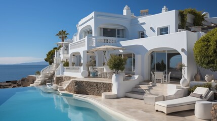 Fototapeta premium A beautiful white villa against a clear blue sky, showcasing traditional Mediterranean architectural elements with charming details.