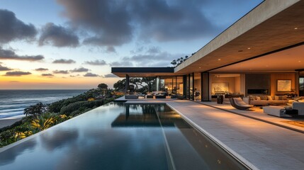 Obraz premium Modern beachfront home with swimming pool that blends into the open skyline background wallpaper AI generated image