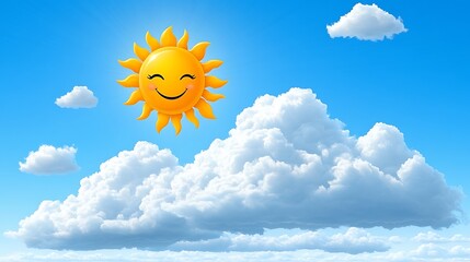 A clip art of a smiling sun peeking from behind a cloud on a white background