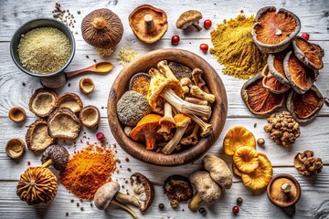 Fototapeta premium Aerial View of Dried Mushrooms and Mushroom Powder on a Clean White Background, Capturing the Natural Texture and Color Variations of Edible Fungi for Culinary and Health Uses