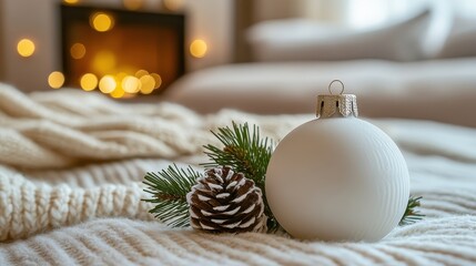 Pine branches and white ornaments styled on a soft cream surface with a snowy touch selective focus natureinspired holiday elegance theme dynamic overlay cozy lodge backdrop