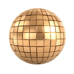 A reflective, golden disco ball with a grid pattern, radiating a playful and vibrant energy, perfect for dance floors and celebratory spaces. PNG on a transparent background.