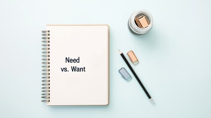 Notebook with "Need vs. Want" written on the page, accompanied by a pen and a jar of clips on a light blue background.