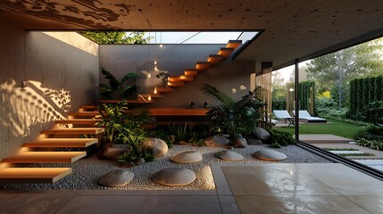 Fototapeta premium Modern villa charm: beautiful stairs with a cozy and inviting villa atmosphere
