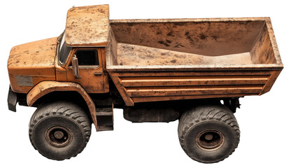 Rusty orange dump truck with weathered appearance and large wheels