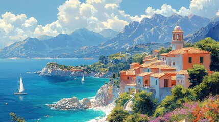 Fototapeta premium A vibrant coastal landscape showcasing small colorful houses along the shoreline with mountains in the background and a sailboat on the sea.