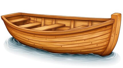A clip art of a wooden sailboat floating on calm waves on a white background