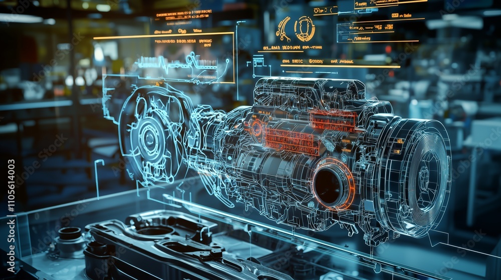 Poster dynamic overlay showing engines performance in high-tech workshop