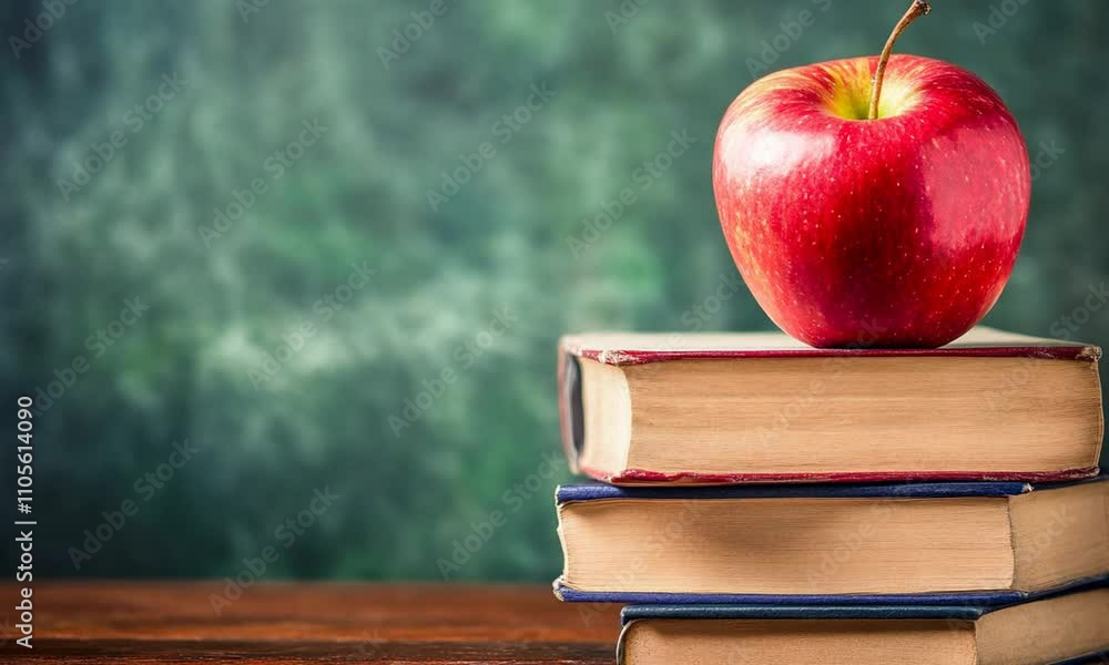 Aufkleber Fresh Red Apple on Stack of Books with Textured Background : Generative AI