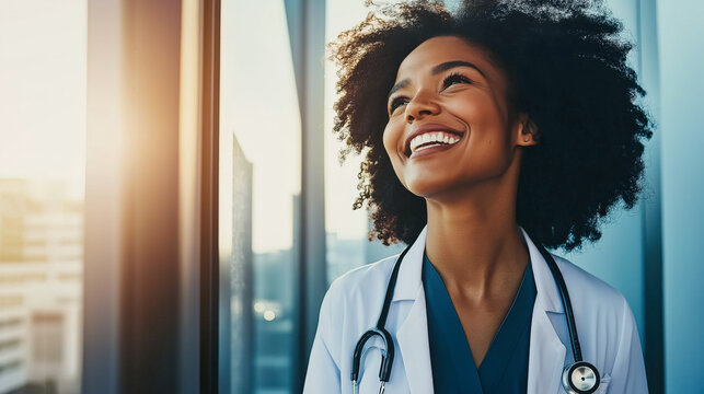 Medicine empowers change, as a joyful healthcare professional gazes confidently toward a brighter future, embodying resilience in a bustling hospital setting.