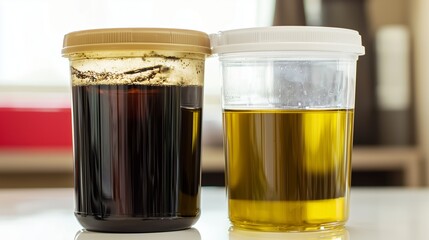 Side by Side Comparison of Dirty and Clean Used Engine Oil