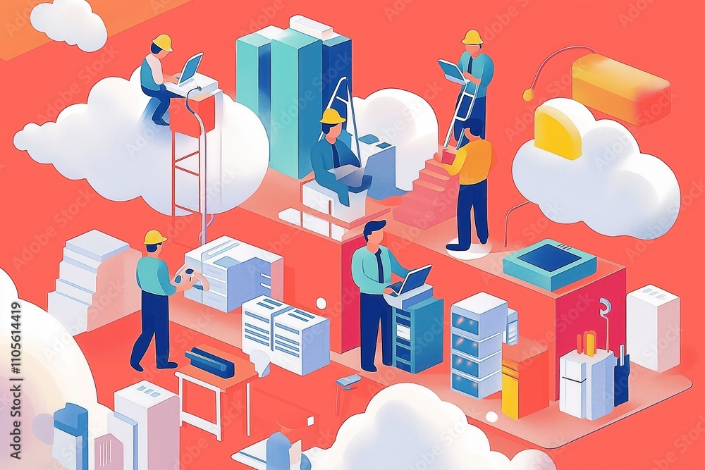 Poster engineers work on cloud computing infrastructure. tech experts manage data centers, servers. maintai
