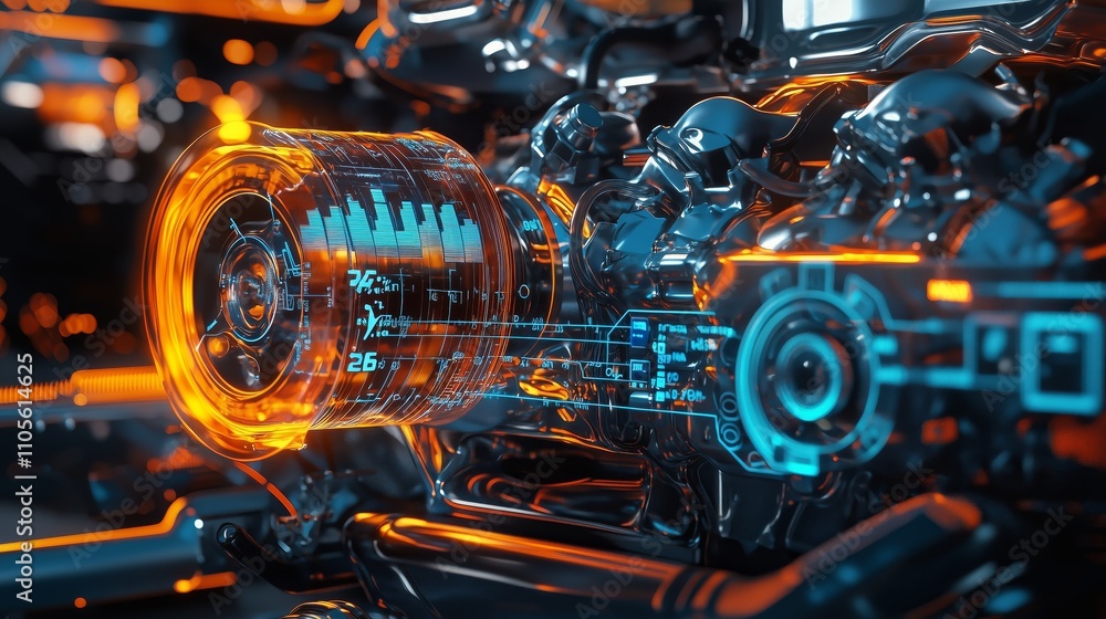 Poster dynamic engine performance overlay display with futuristic design