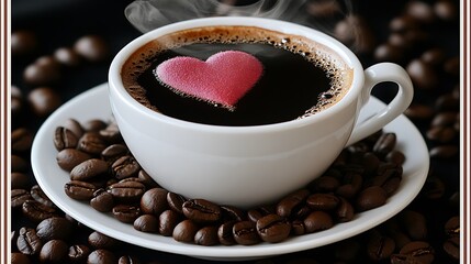A detailed clip art of a steaming cup of coffee with heart-shaped steam on a white background