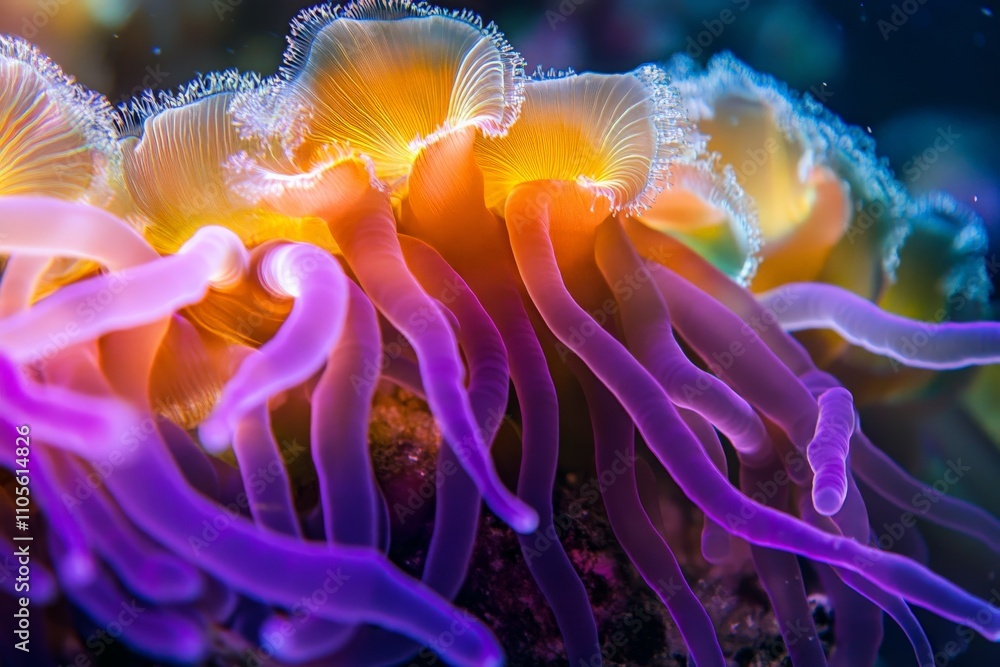 Poster an entrancing close-up of colorful marine life with glowing tentacles, capturing the vibrant and mes