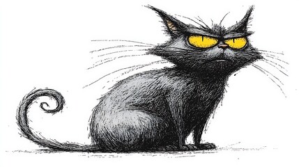 A playful clip art of a cartoon-style cat sitting with a curled tail on a white background