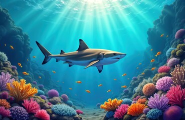 Fototapeta premium Underwater scene shows shark swimming amid vibrant coral reefs. Colorful corals, small fish populate reef. Sunlight streams into water. Marine life thrives in ocean. Natural tropical environment.