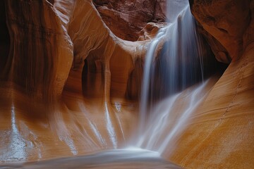 A tranquil waterfall cascades down smooth rock formations in a desert canyon, creating a serene and ethereal atmosphere with its soft, glowing light and fluid motion.