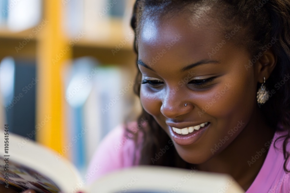 Poster an enthusiastic woman, surrounded by the ambiance of a library, is deeply engaged in reading a book,