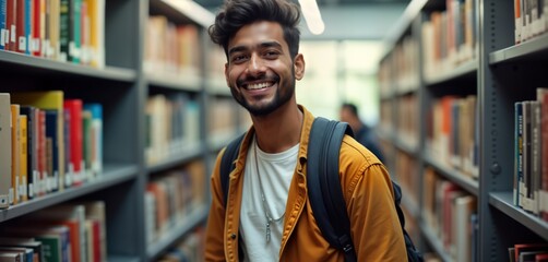 Fototapeta premium Cheerful Indian student stands in a library near bookshelves. He has a backpack and looks happy. He might be taking a break between classes. Indoor setting. Student is ready for study.
