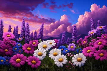 Colorful Wildflower Field at Sunset with Dramatic Sky