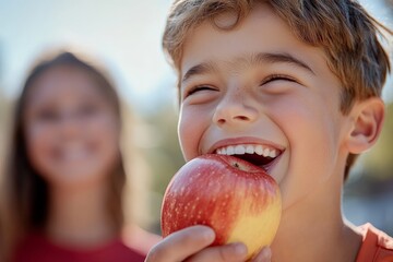 A young child with a bright smile holds a red apple near their mouth, ready to take a bite, while another person is faintly visible in the sunny background.