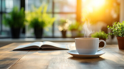 A warm cup of coffee beside an open book with sunlight pouring in from a window.