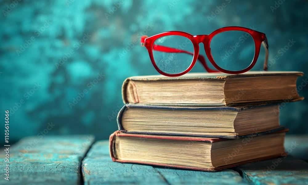 Poster Stack of Old Books Topped with Red Glasses on Rustic Wooden Table : Generative AI