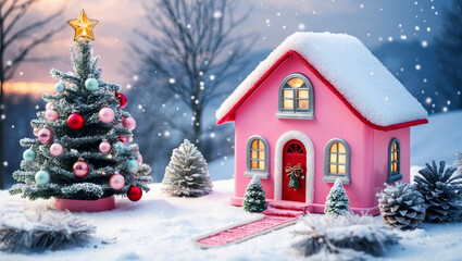Delightful Christmas cottage nestled in a snowy landscape, radiating warmth and holiday cheer during the festive season