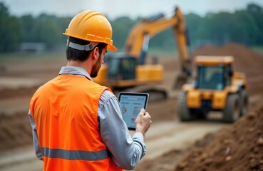 Caucasian male construction manager wearing safety helmet, vest uses tablet for project coordination. Heavy machinery visible in background of development site. Manager monitors progress on tablet.